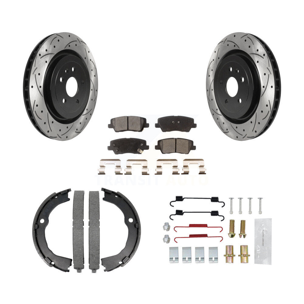 Rear Disc Drilled & Slotted Rotors Ceramic Pads Parking Brake Shoes And Hardware Kit For KDT-101659