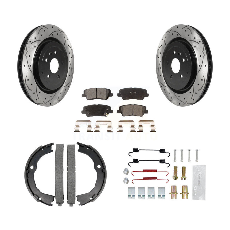 Rear Disc Drilled & Slotted Rotors Ceramic Pads Parking Brake Shoes And Hardware Kit For KDT-101659