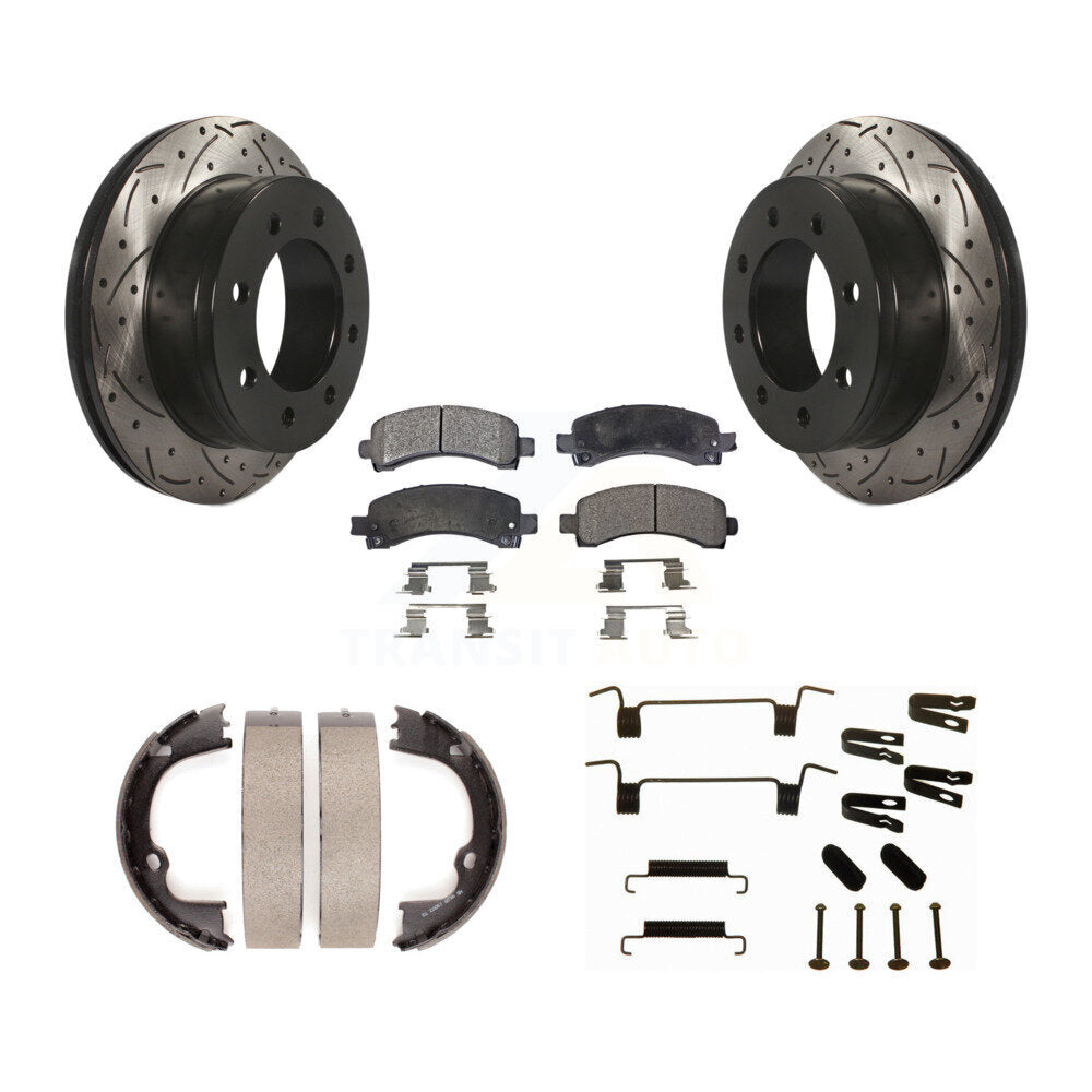 Rear Disc Drilled & Slotted Rotors Ceramic Pads Parking Shoes Hardware Kit For Chevrolet KDT-101661