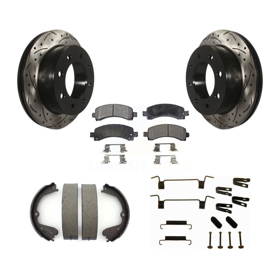 Rear Disc Drilled & Slotted Rotors Ceramic Pads Parking Brake Shoes And Hardware Kit For KDT-101662