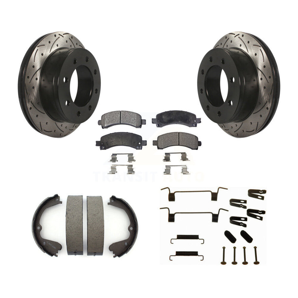 Rear Disc Drilled & Slotted Rotors Ceramic Pads Parking Brake Shoes And Hardware Kit For KDT-101664