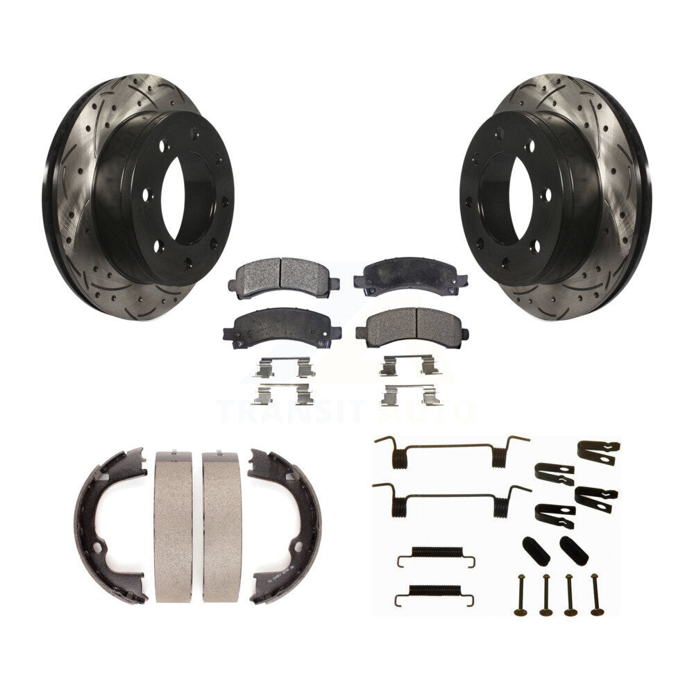 Rear Disc Drilled & Slotted Rotors Ceramic Pads Parking Shoes Hardware Kit For Chevrolet KDT-101665