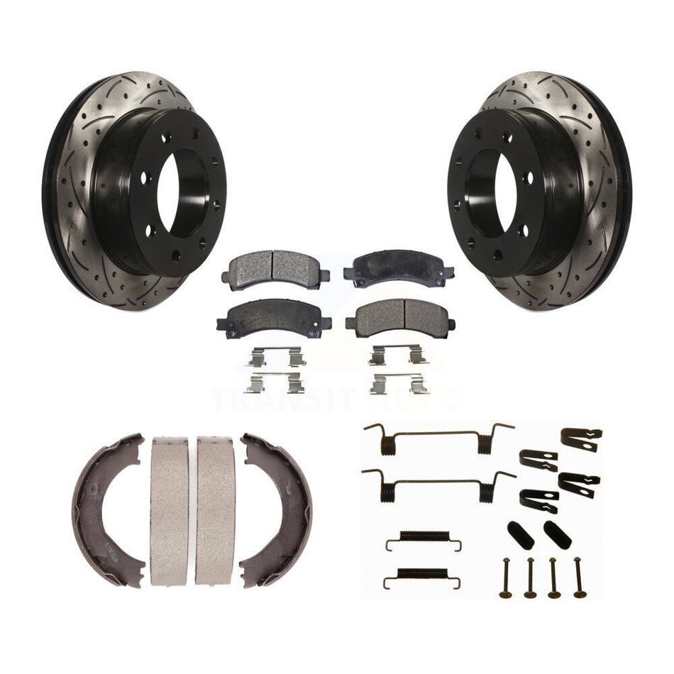Rear Disc Drilled & Slotted Rotors Ceramic Pads Parking Shoes Hardware Kit For Chevrolet KDT-101666