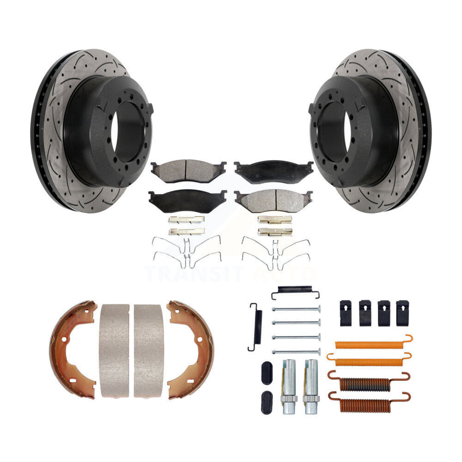 Rear Disc Drilled & Slotted Rotors Ceramic Pads Parking Shoes Hardware Kit For Ford F-450 KDT-101670