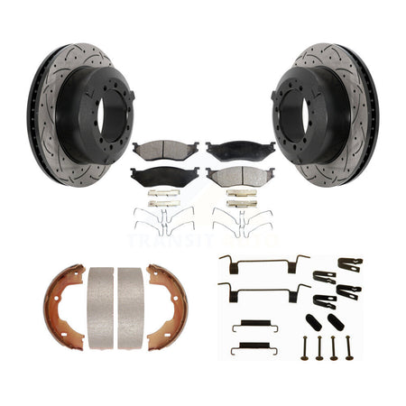 Rear Disc Drilled & Slotted Rotors Ceramic Pads Parking Brake Shoes And Hardware Kit For KDT-101672