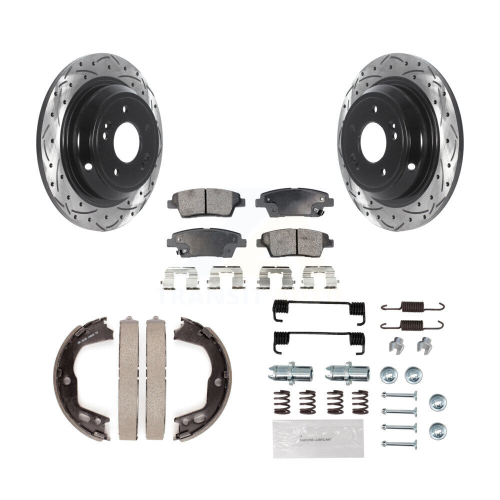 Rear Disc Drilled & Slotted Rotors Ceramic Pads Parking Brake Shoes And Hardware Kit For KDT-101674