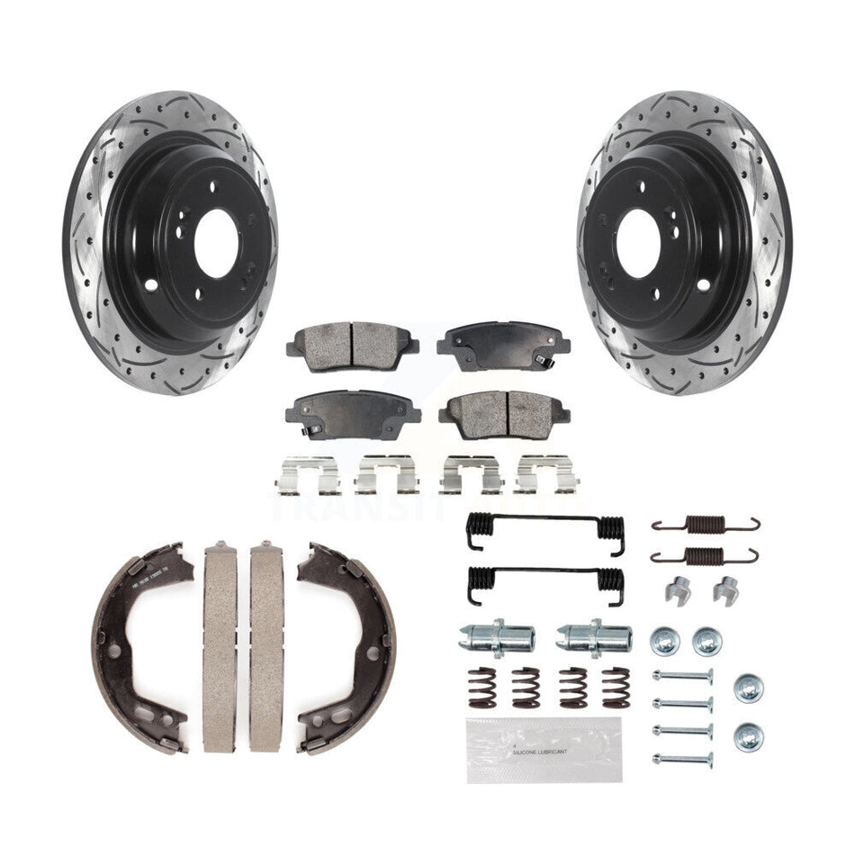 Rear Disc Drilled & Slotted Rotors Ceramic Pads Parking Brake Shoes And Hardware Kit For KDT-101674
