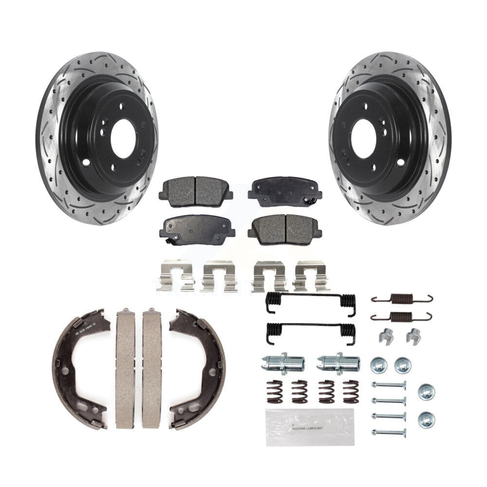Rear Disc Drilled & Slotted Rotors Ceramic Pads Parking Brake Shoes And Hardware Kit For KDT-101675