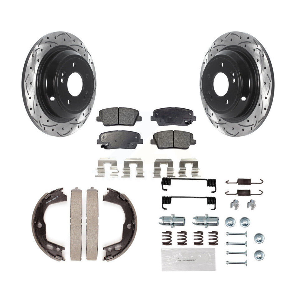 Rear Disc Drilled & Slotted Rotors Ceramic Pads Parking Brake Shoes And Hardware Kit For KDT-101675
