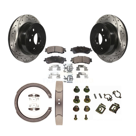 Rear Disc Drilled & Slotted Rotors Ceramic Pads Parking Brake Shoes And Hardware Kit For KDT-101679