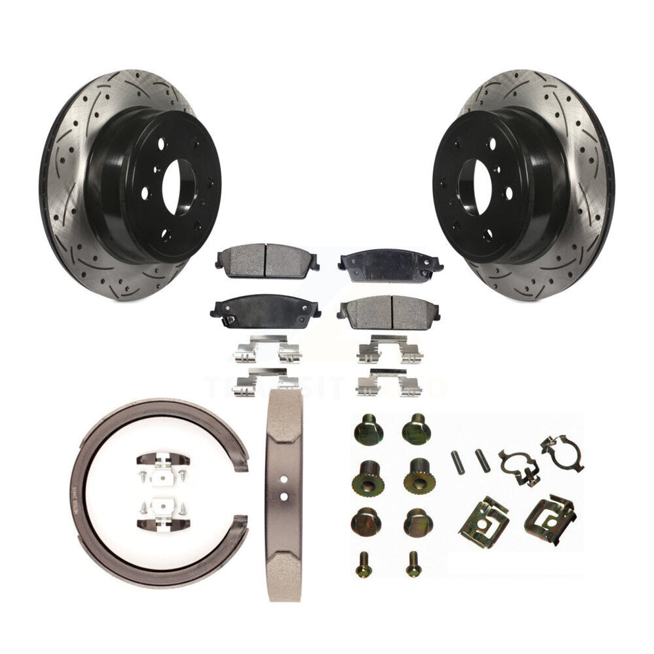 Rear Disc Drilled & Slotted Rotors Ceramic Pads Parking Shoes Hardware Kit For Chevrolet KDT-101681