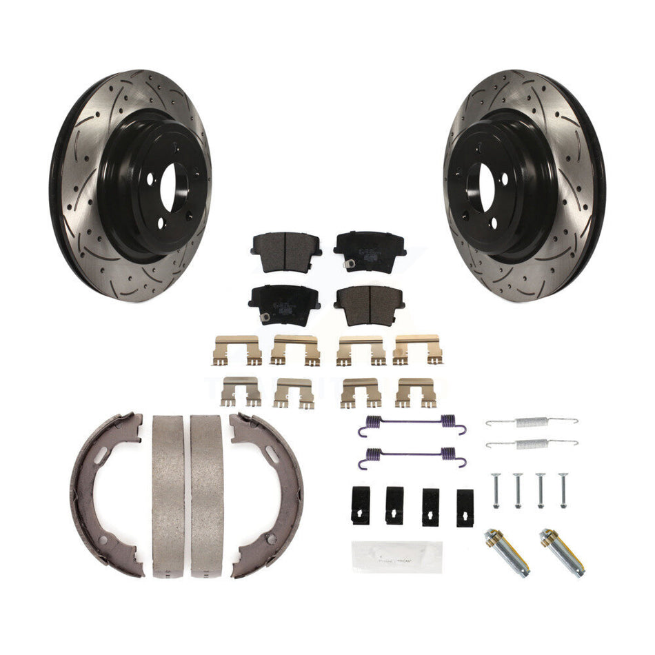 Rear Disc Drilled & Slotted Rotors Ceramic Pads Parking Shoes And Hardware Kit For Dodge KDT-101683
