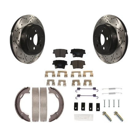 Rear Disc Drilled & Slotted Rotors Ceramic Pads Parking Shoes Hardware Kit For Dodge 300 KDT-101684