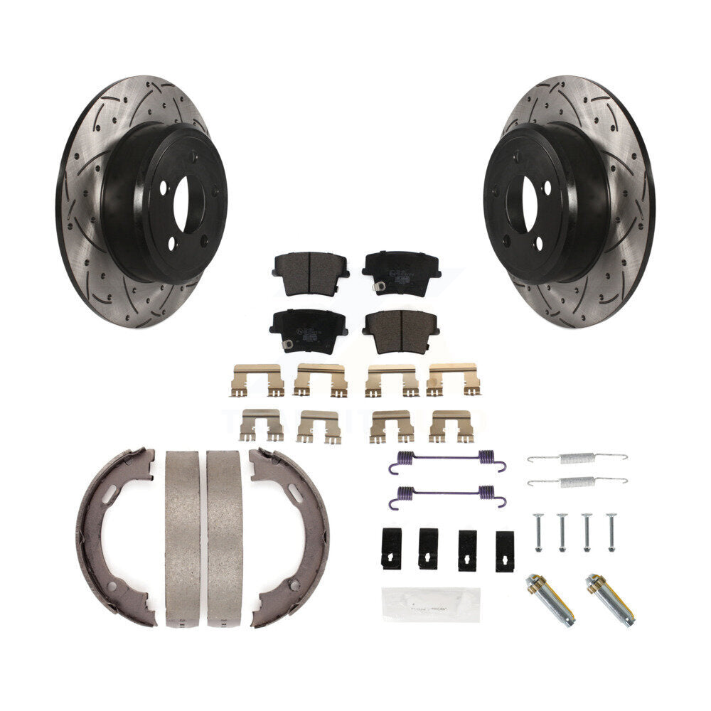 Rear Disc Drilled & Slotted Rotors Ceramic Pads Parking Shoes Hardware Kit For Dodge 300 KDT-101685