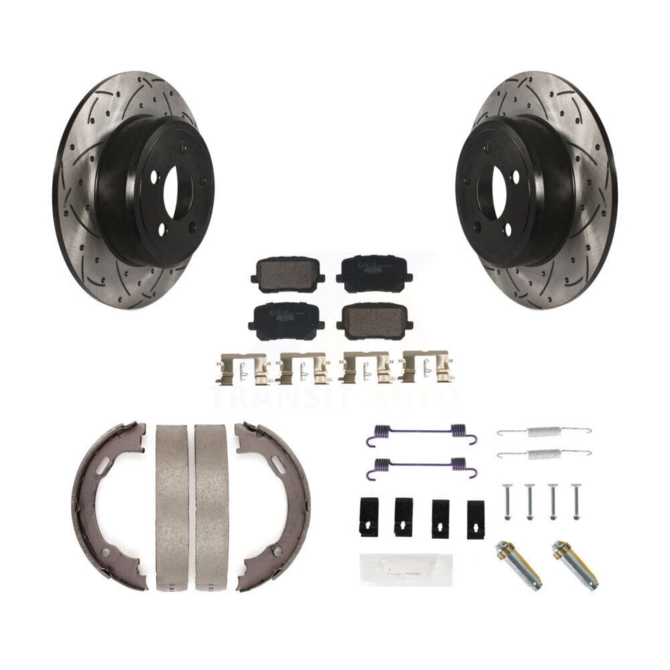 Rear Disc Drilled & Slotted Rotors Ceramic Pads Parking Brake Shoes And Hardware Kit For KDT-101686