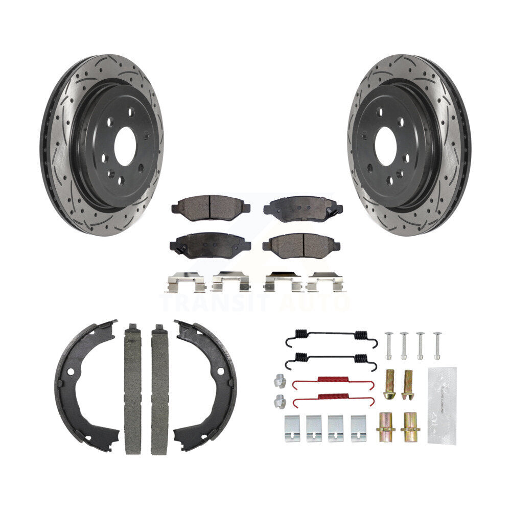 Rear Disc Drilled & Slotted Rotors Ceramic Pads Parking Brake Shoes And Hardware Kit For KDT-101687