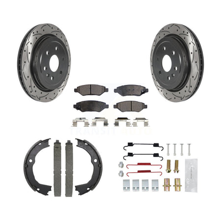Rear Disc Drilled & Slotted Rotors Ceramic Pads Parking Brake Shoes And Hardware Kit For KDT-101687