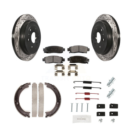 Rear Disc Drilled & Slotted Rotors Ceramic Pads Parking Shoes Hardware Kit For GMC Acadia KDT-101695