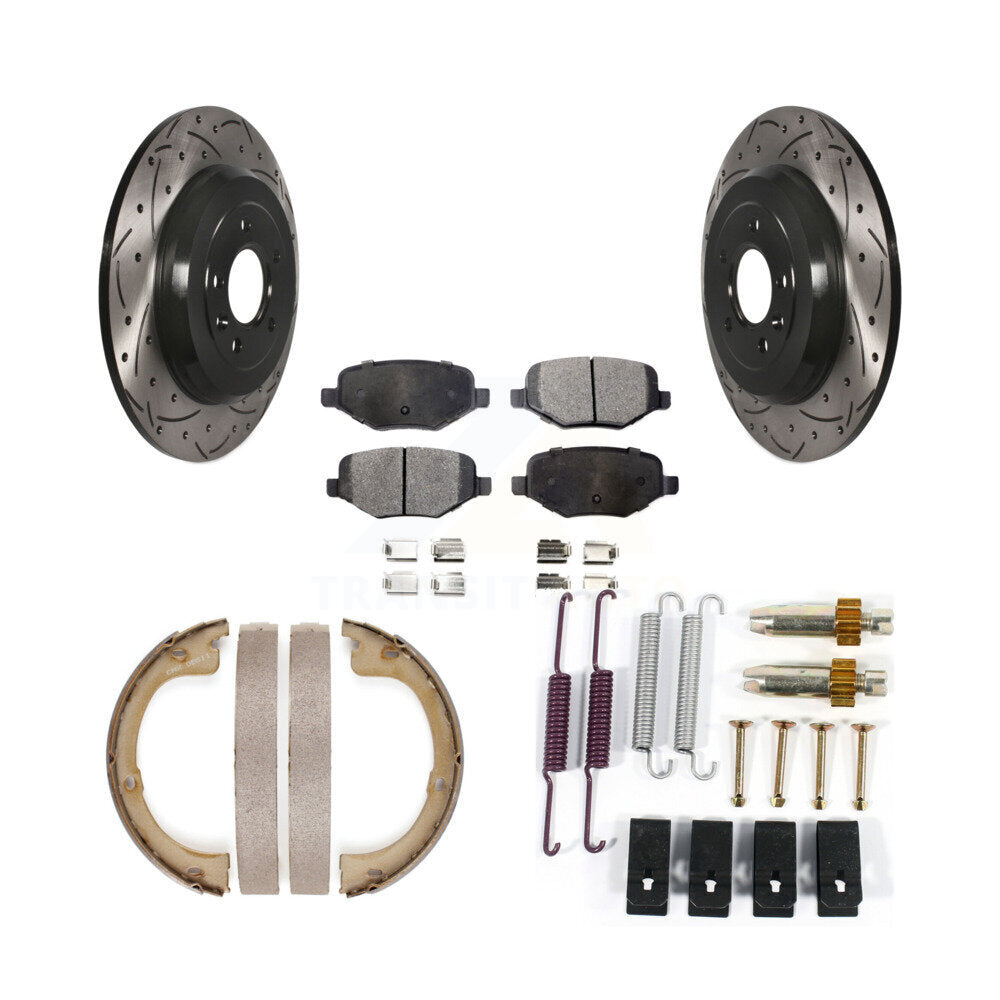 Rear Disc Drilled & Slotted Rotors Ceramic Pads Parking Brake Shoes And Hardware Kit For KDT-101696