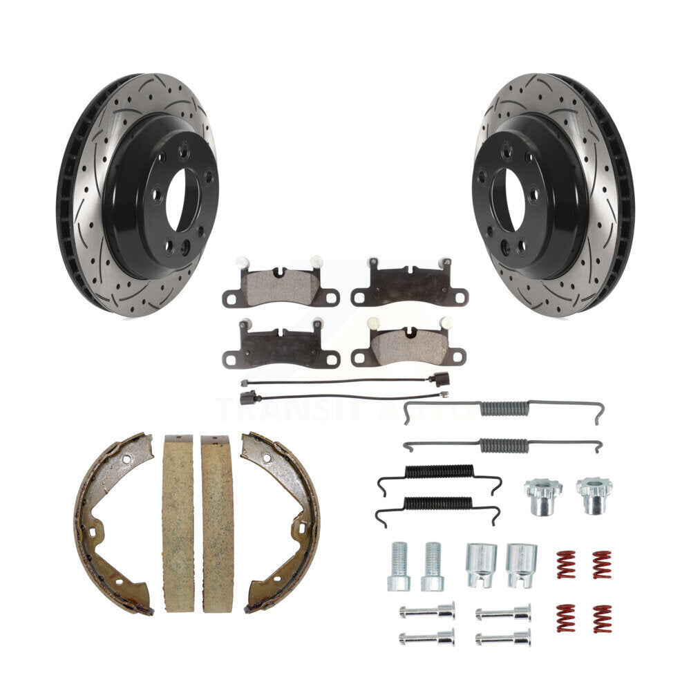 Rear Disc Drilled & Slotted Rotors Ceramic Pads Parking Shoes Hardware Kit For Volkswagen KDT-101701