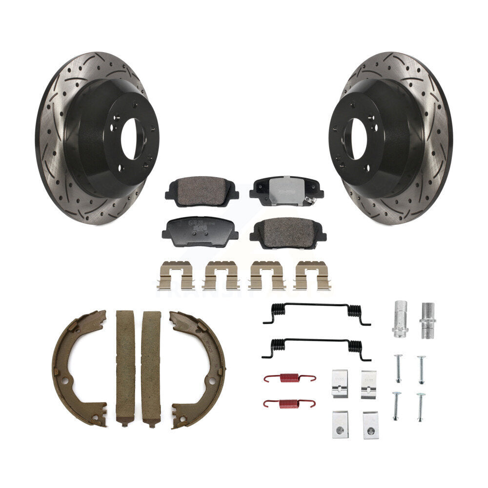 Rear Disc Drilled & Slotted Rotors Ceramic Pads Parking Shoes Hardware Kit For Hyundai Fe KDT-101705