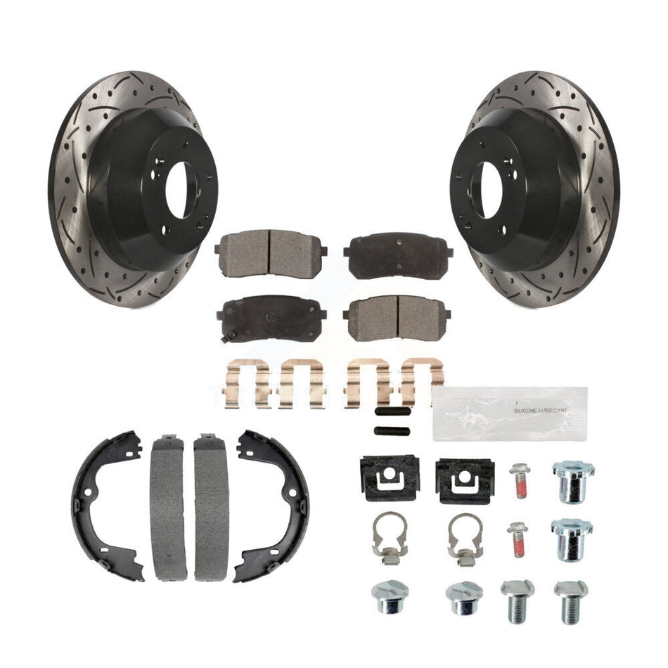 Rear Disc Drilled & Slotted Rotors Ceramic Pads Parking Shoes Hardware Kit For Kia Sedona KDT-101707