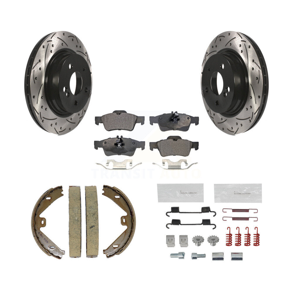 Rear Disc Drilled & Slotted Rotors Ceramic Pads Parking Brake Shoes And Hardware Kit For KDT-101710
