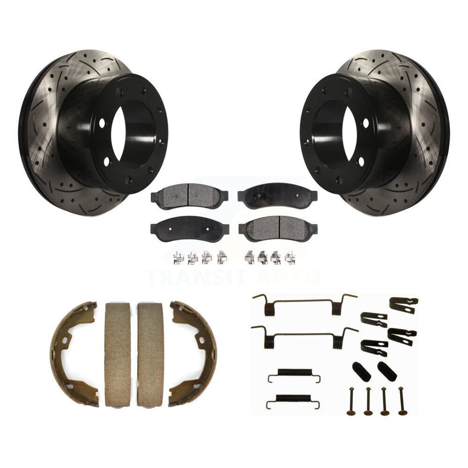 Rear Disc Drilled & Slotted Rotors Ceramic Pads Parking Shoes Hardware Kit For Ford F-350 KDT-101711
