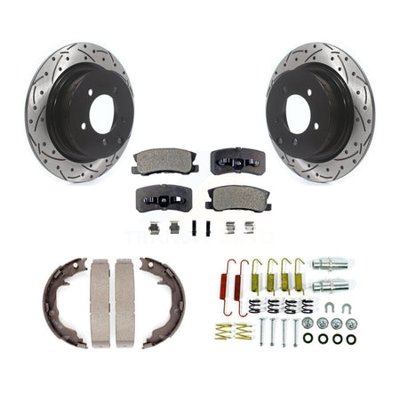Rear Disc Drilled & Slotted Rotors Ceramic Pads Parking Shoes Hardware Kit For Jeep Dodge KDT-101715