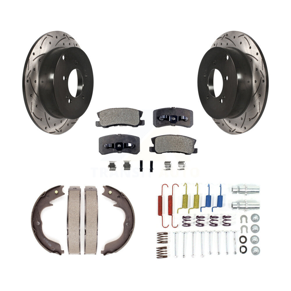 Rear Disc Drilled & Slotted Rotors Ceramic Pads Parking Shoes Hardware Kit For Mitsubishi KDT-101717