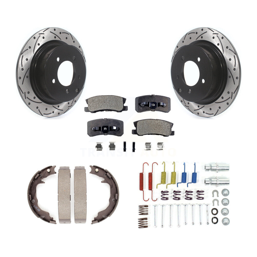 Rear Disc Drilled & Slotted Rotors Ceramic Pads Parking Shoes Hardware Kit For Mitsubishi KDT-101718