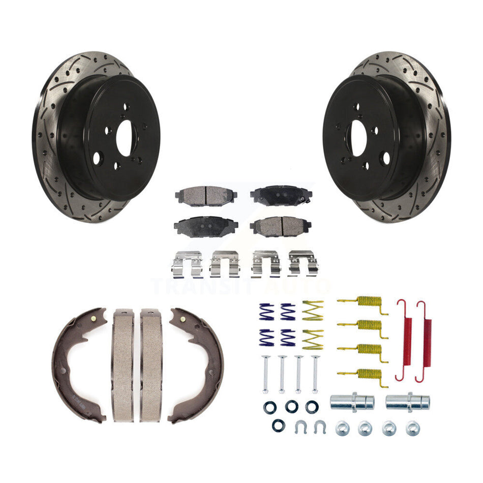 Rear Disc Drilled & Slotted Rotors Ceramic Pads Parking Shoes And Hardware Kit For Subaru KDT-101723