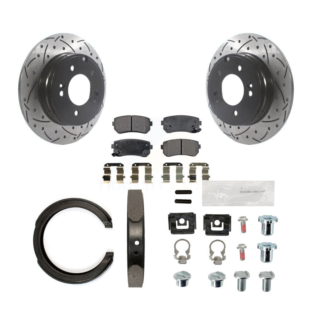 Rear Disc Drilled & Slotted Rotors Ceramic Pads Parking Shoes Hardware Kit For Hyundai KDT-101725
