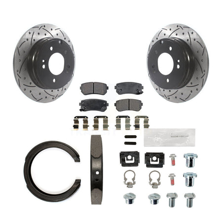 Rear Disc Drilled & Slotted Rotors Ceramic Pads Parking Shoes Hardware Kit For Hyundai KDT-101725
