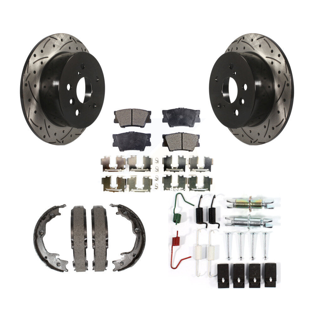 Rear Disc Drilled & Slotted Rotors Ceramic Pads Parking Shoes And Hardware Kit For Toyota KDT-101726