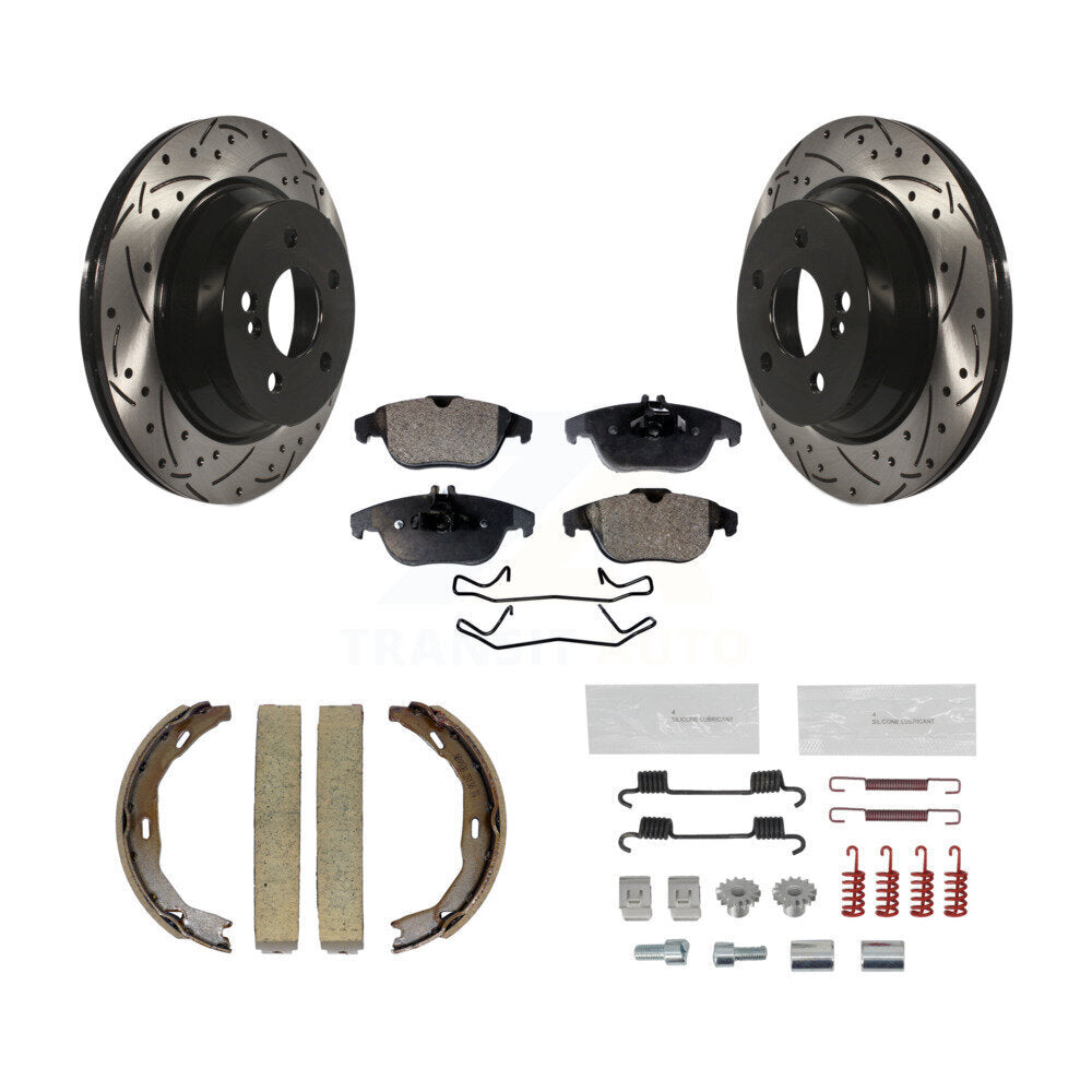 Rear Disc Drilled & Slotted Rotors Ceramic Pads Parking Shoes Hardware Kit For E350 E400 KDT-101728
