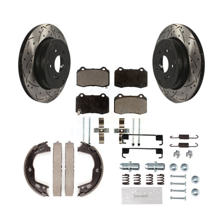 Rear Disc Drilled & Slotted Rotors Ceramic Pads Parking Brake Shoes And Hardware Kit For KDT-101733