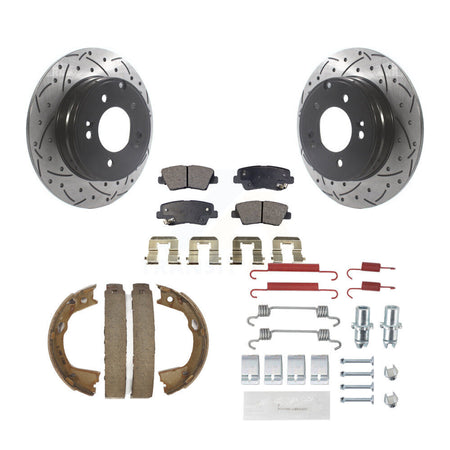 Rear Disc Drilled & Slotted Rotors Ceramic Pads Parking Shoes Hardware Kit For Hyundai KDT-101735