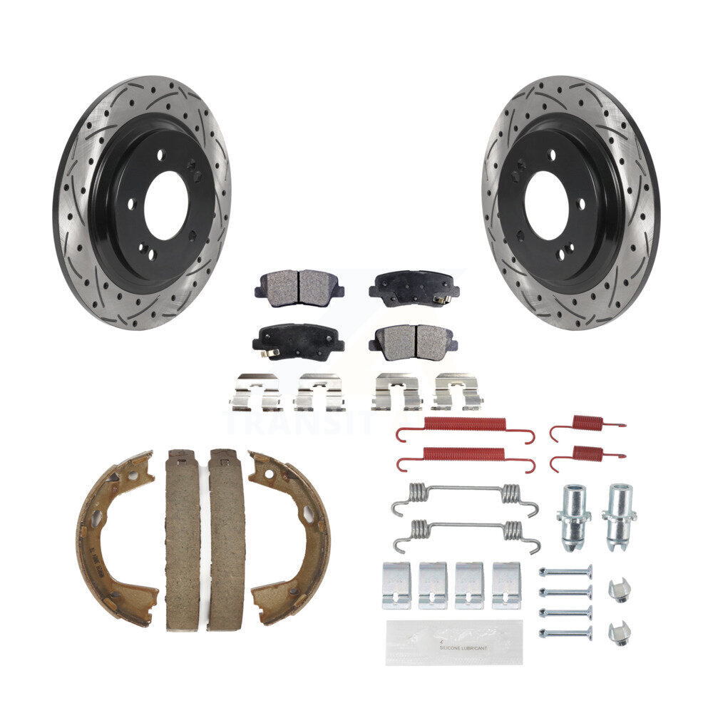 Rear Disc Drilled & Slotted Rotors Ceramic Pads Parking Shoes Hardware Kit For Kia Optima KDT-101736