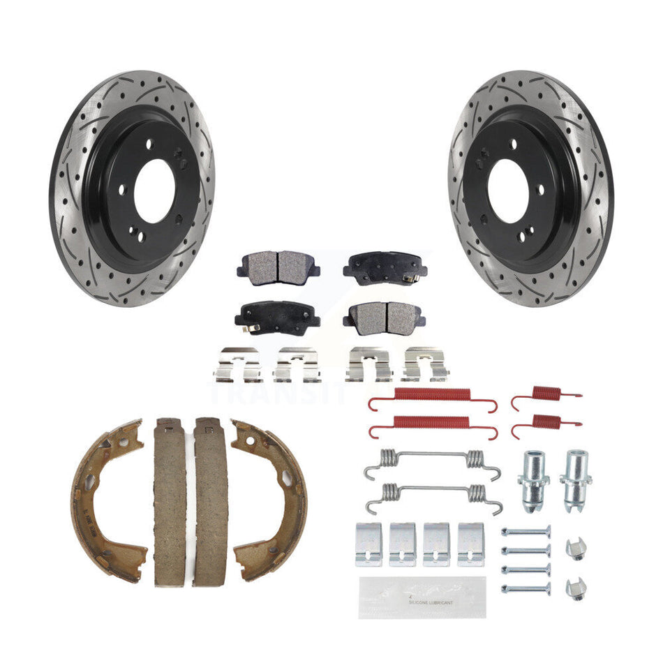 Rear Disc Drilled & Slotted Rotors Ceramic Pads Parking Shoes Hardware Kit For Kia Optima KDT-101736