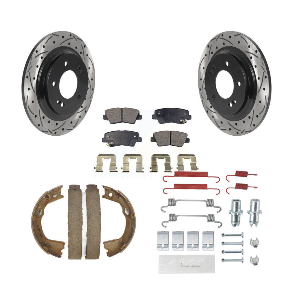 Rear Disc Drilled & Slotted Rotors Ceramic Pads Parking Shoes Hardware Kit For Hyundai KDT-101737