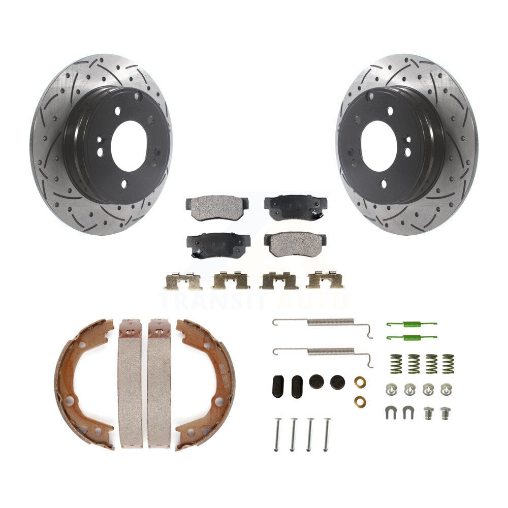 Rear Disc Drilled & Slotted Rotors Ceramic Pads Parking Brake Shoes And Hardware Kit For KDT-101739