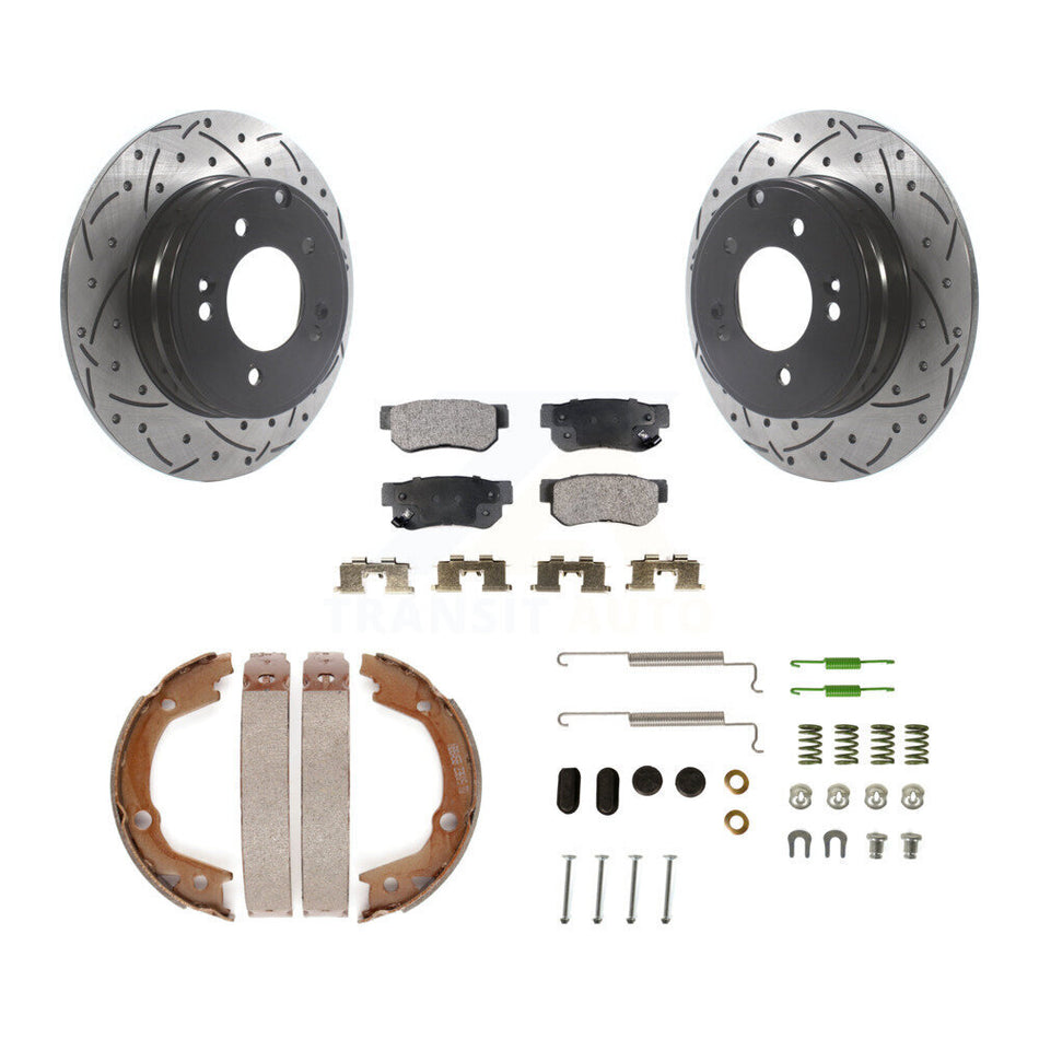 Rear Disc Drilled & Slotted Rotors Ceramic Pads Parking Brake Shoes And Hardware Kit For KDT-101739
