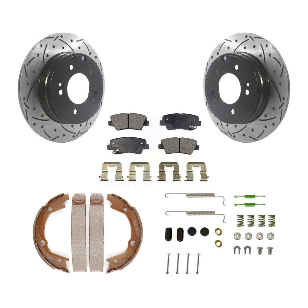 Rear Disc Drilled & Slotted Rotors Ceramic Pads Parking Brake Shoes And Hardware Kit For KDT-101740
