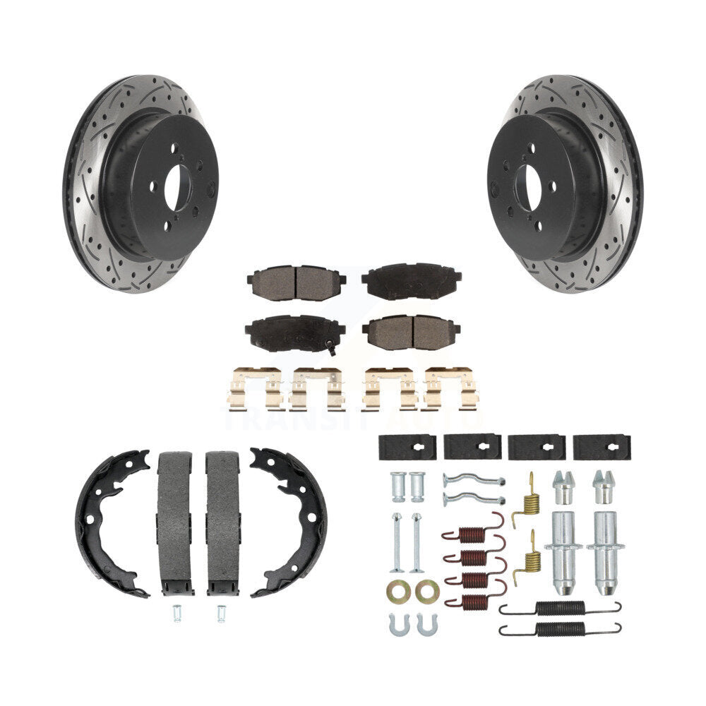 Rear Disc Drilled & Slotted Rotors Ceramic Pads Parking Brake Shoes And Hardware Kit For KDT-101742
