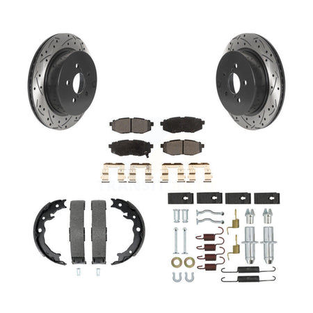 Rear Disc Drilled & Slotted Rotors Ceramic Pads Parking Brake Shoes And Hardware Kit For KDT-101742
