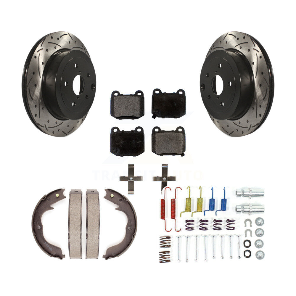 Rear Disc Drilled & Slotted Rotors Ceramic Pads Parking Brake Shoes And Hardware Kit For KDT-101745