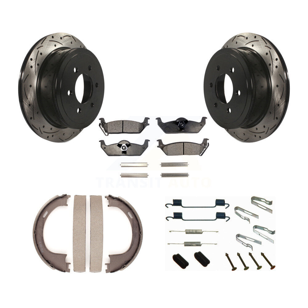 Rear Disc Drilled & Slotted Rotors Ceramic Pads Parking Shoes Hardware Kit For Ford F-150 KDT-101747