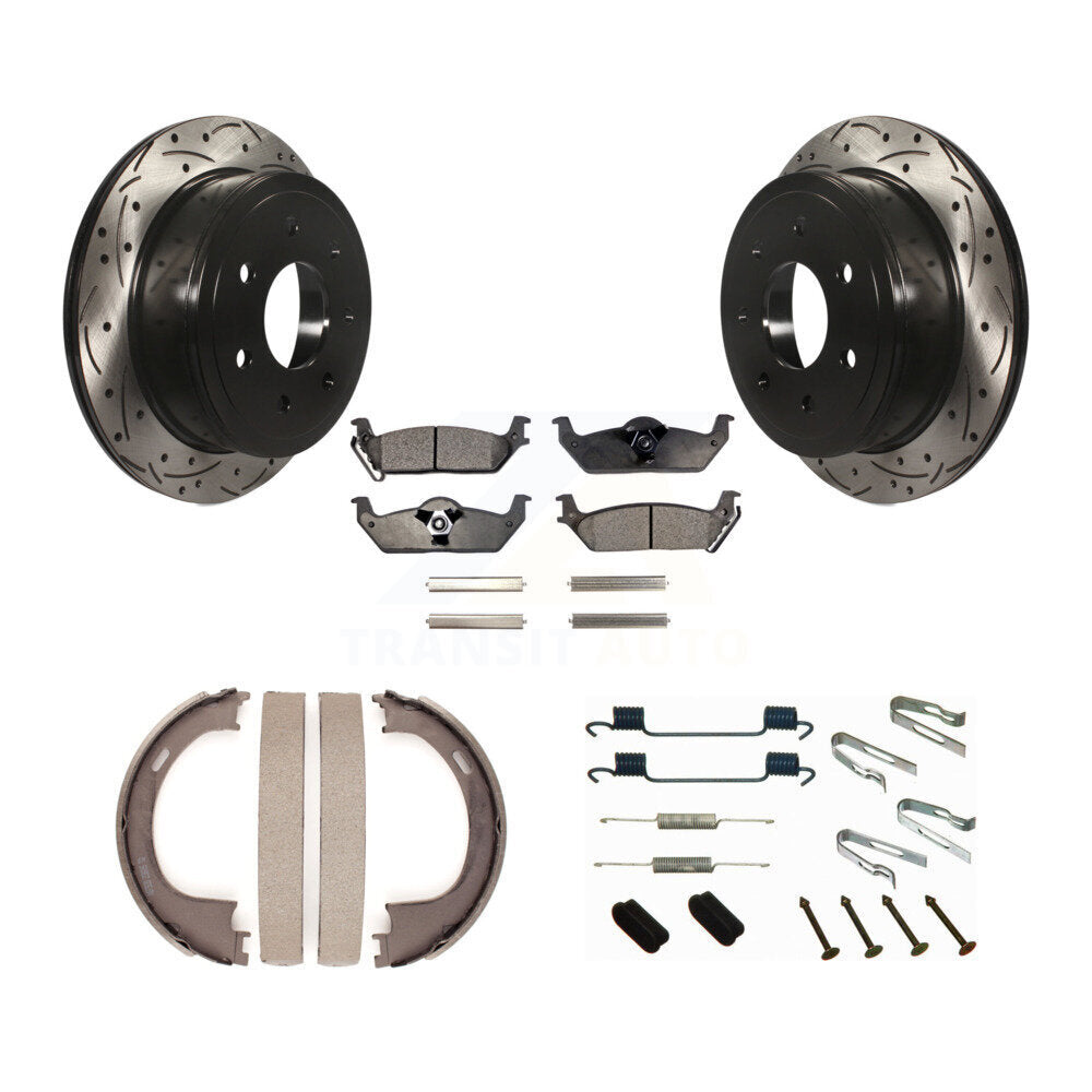 Rear Disc Drilled & Slotted Rotors Ceramic Pads Parking Shoes Hardware Kit For Ford F-150 KDT-101748