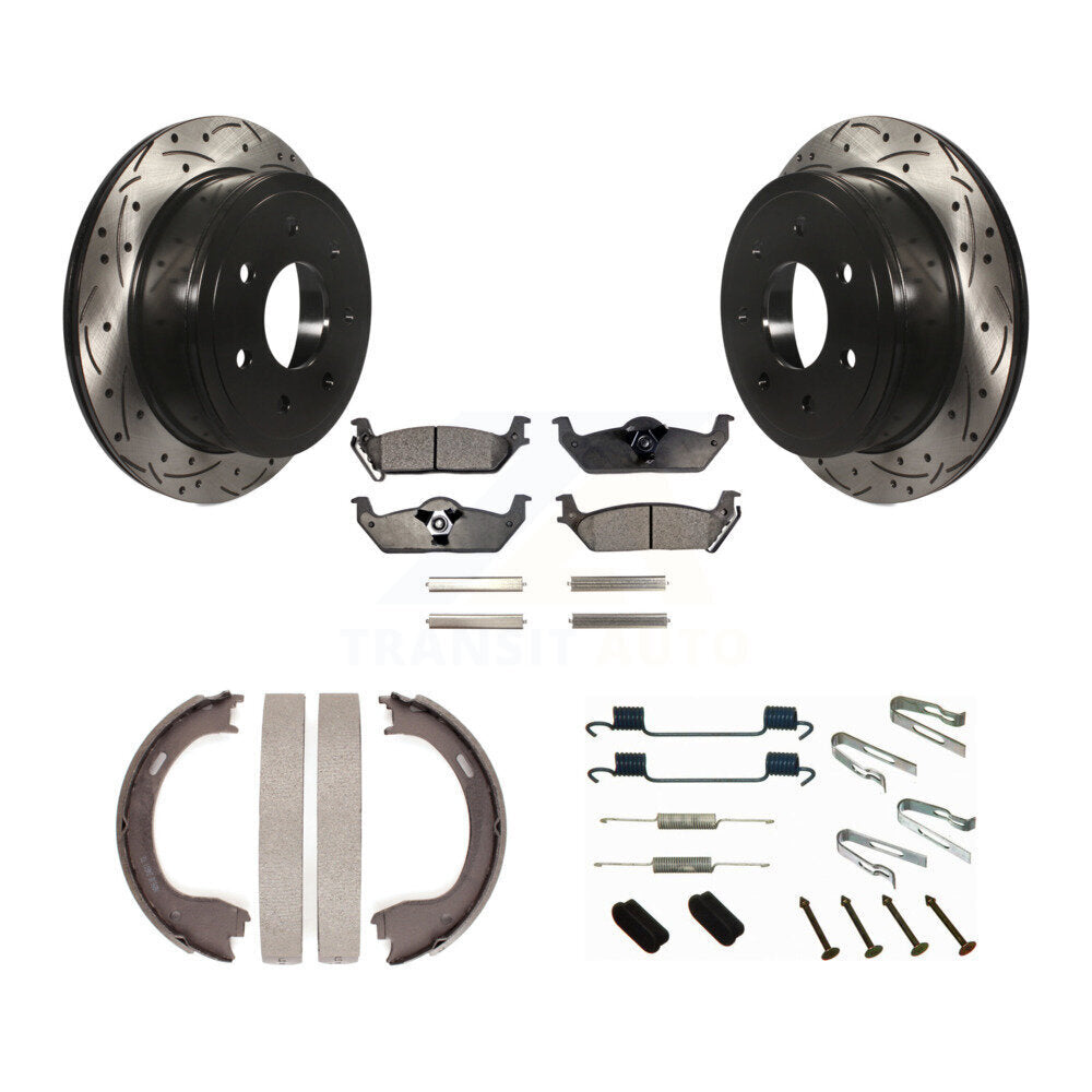 Rear Disc Drilled & Slotted Rotors Ceramic Pads Parking Shoes Hardware Kit For Ford F-150 KDT-101750